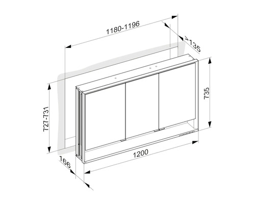 Technische Zeichnung eines Spiegelschranks mit Maßangaben