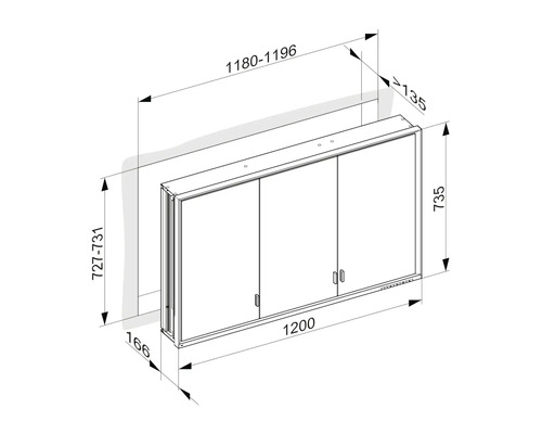 Technische Zeichnung eines Badezimmerschranks mit Abmessungen