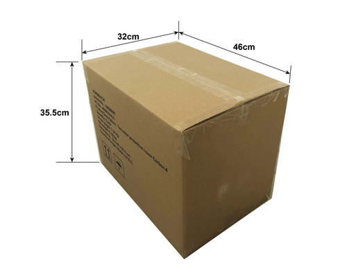 Carton avec des dimensions de 46 cm de long, 32 cm de large et 35,5 cm de haut