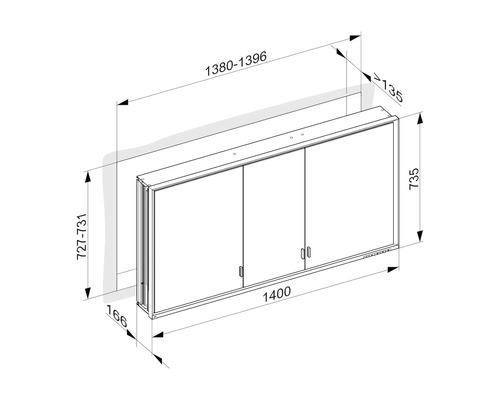 Technische Zeichnung eines Spiegelschranks mit Maßen.
