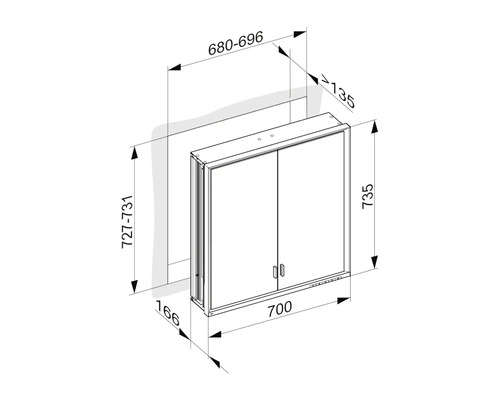 Schéma technique d''une armoire de toilette avec dimensions.