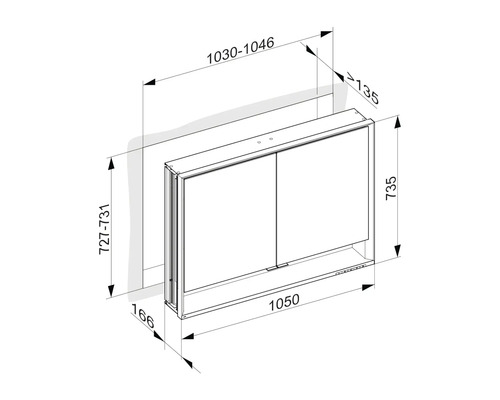 Technische Zeichnung eines Spiegelschranks mit Maßangaben