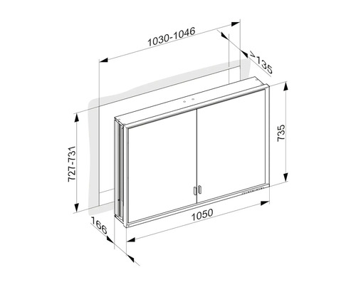 Technische Zeichnung eines Spiegelschranks mit Maßangaben.
