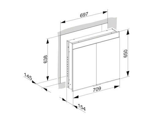 Technische Zeichnung eines Spiegelschranks mit Maßangaben