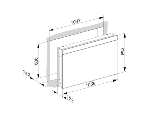 Masszeichnung eines Spiegelschranks mit Breiten-, Höhen- und Tiefenangaben