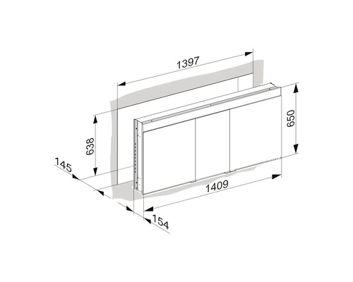 Technische Zeichnung eines Badezimmer Spiegelschranks mit Maßangaben