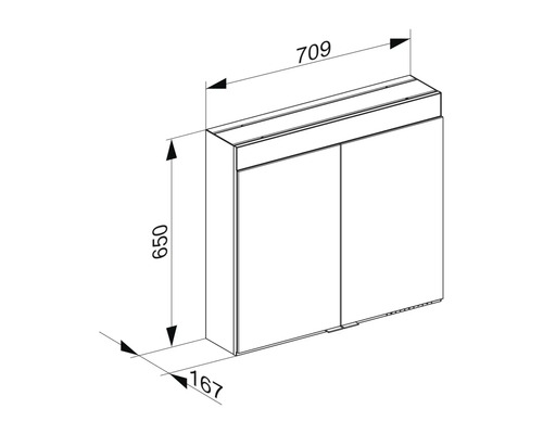 Technische Zeichnung eines Spiegelschranks mit Maßangaben