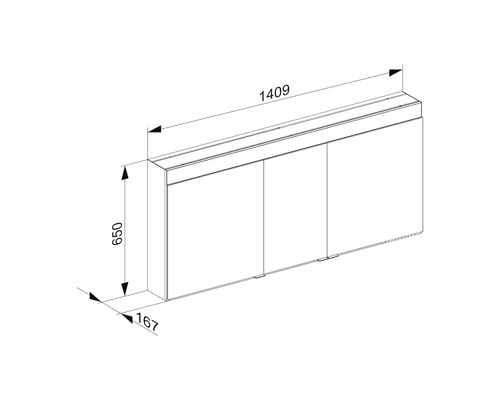 Zeichnung eines Badezimmer-Waschtischunterschranks mit drei Türen und Maßangaben.