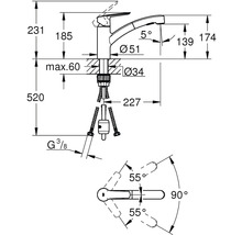 Technische Zeichnung einer Küchenarmatur mit Maßen
