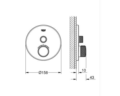 Dessin technique d''un robinet de douche Grohe avec indications de dimensions
