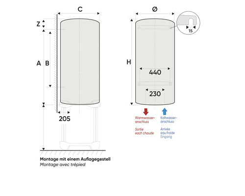 Schéma d''un chauffe-eau avec dimensions