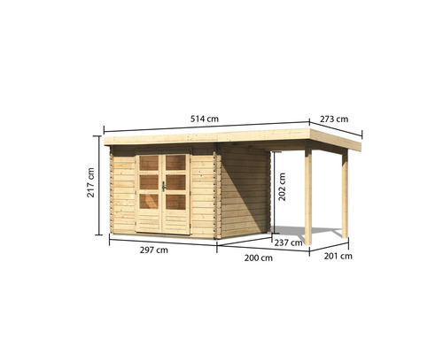 Abri de jardin avec annexe et indications de dimensions