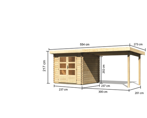 Abbildung eines Holz Gartenhauses mit Carport und Maßangaben