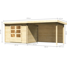 Abri de jardin Karibu Noorvik 3 avec extension de toit de 3 m, paroi arrière 614 x 273 cm naturel