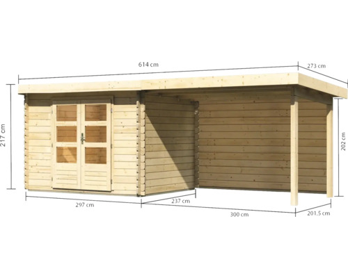 Abri de jardin en bois avec annexe et indications de dimension