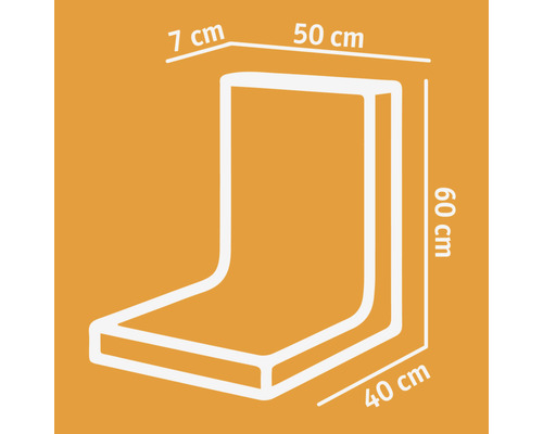 Schéma d''un dossier de banquette d''angle avec les dimensions 7 cm, 50 cm, 60 cm et 40 cm.