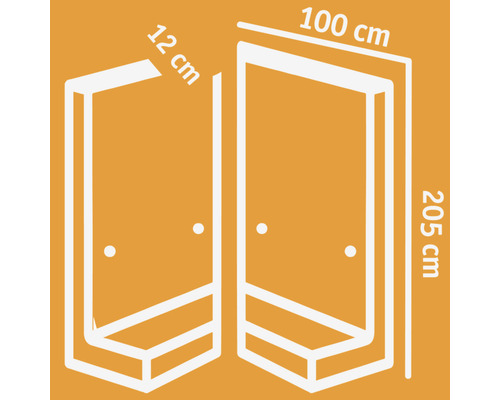 Schéma technique d''une cabine de douche avec les dimensions 12 cm, 100 cm et 205 cm.