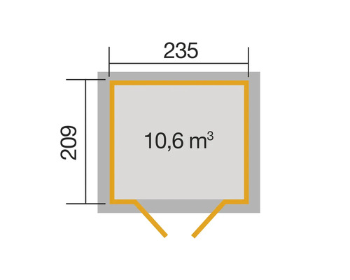 Plan d''un abri de jardin mesurant 235 sur 209 centimètres avec un volume de 10,6 mètres cubes