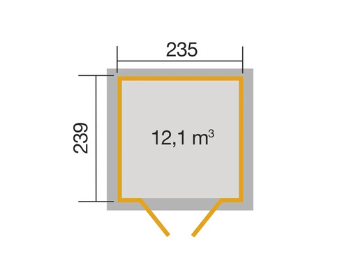 Plan avec les dimensions 235 sur 239 centimètres et 12,1 mètres cubes