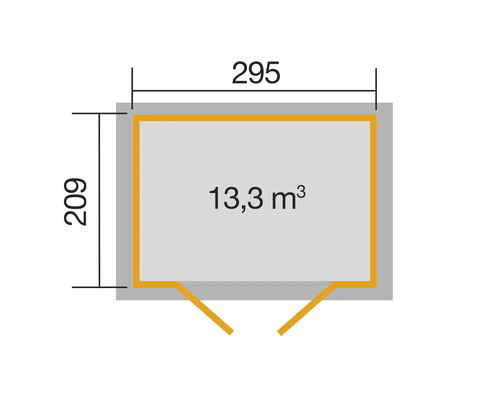 Plan avec les dimensions 295 sur 209 et une superficie de 13,3 mètres cubes