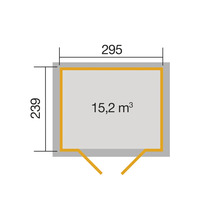 Plan avec les dimensions 295 sur 239 et une surface de 15,2 mètres cubes