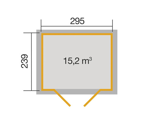Grundrisszeichnung mit den Maßen 295 mal 239 und einer Fläche von 15,2 Kubikmeter
