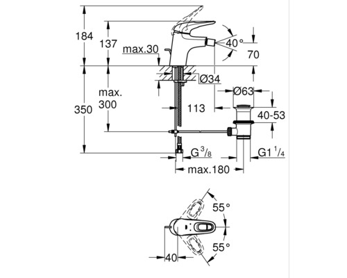 Schéma technique d''un robinet de lavabo avec dimensions