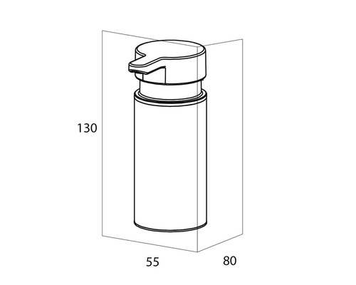Technische Zeichnung eines Seifenspenders mit Maßangaben
