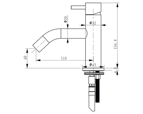 Technische Zeichnung einer Armatur mit Maßangaben
