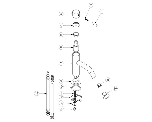 Explosionszeichnung einer Armatur mit Einzelteilen und Nummern
