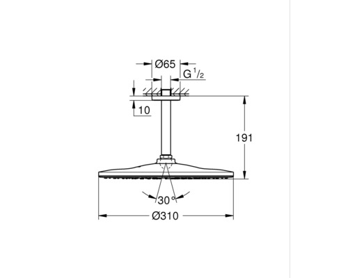 Technische Zeichnung einer Duschbrause mit Maßangaben