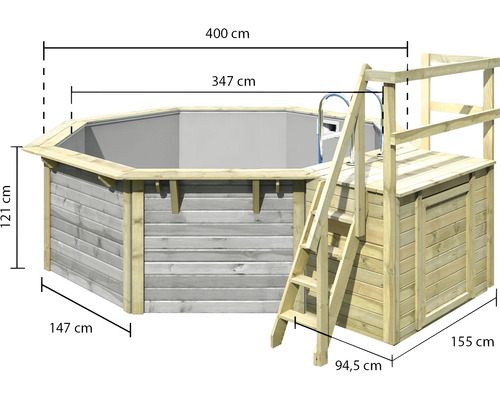 Piscine hors sol en bois avec échelle et dimensions 400 sur 347 sur 121 centimètres