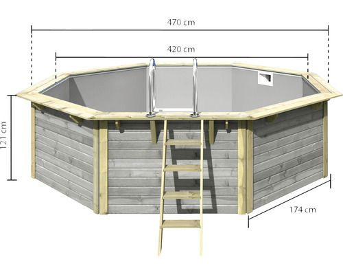 Piscine octogonale en bois avec échelle et dimensions de 470 cm de longueur, 420 cm de largeur et 121 cm de hauteur