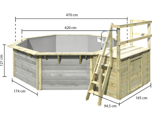 Piscine octogonale en bois avec échelle, plateforme et dimensions