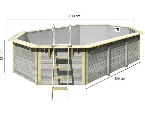 Piscine hors sol avec échelle et dimensions : 633 cm de longueur, 356 cm de largeur et 121 cm de hauteur
