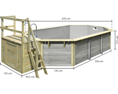 Piscine hors sol avec revêtement en bois, escalier et dimensions de 633 cm de long, 356 cm de large et 121 cm de haut