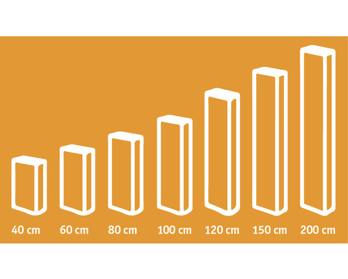 Illustration de différentes consoles d''étagère dans les tailles 40 cm, 60 cm, 80 cm, 100 cm, 120 cm, 150 cm et 200 cm