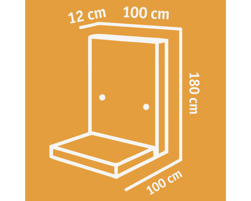 Schéma d''une cabine de douche avec les dimensions suivantes : 12 cm, 100 cm et 180 cm.
