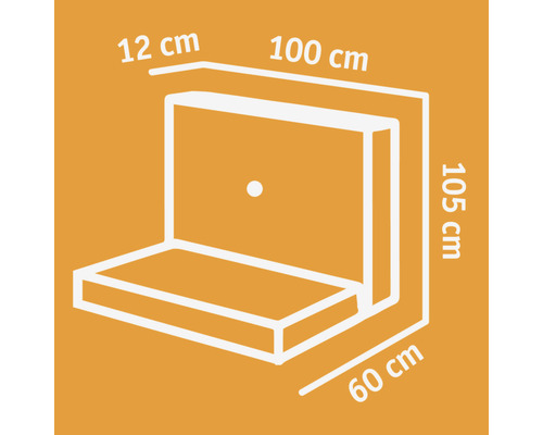 Représentation des dimensions du coussin de banc d''angle avec les dimensions 100 cm x 105 cm x 60 cm x 12 cm