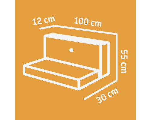 Dessin d''une table pliante murale avec dimensions : 12 cm de profondeur, 100 cm de largeur et 55 cm de hauteur, plateau de table de 30 cm de profondeur.