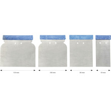Quatre spatules de différentes tailles : 120 mm, 100 mm, 80 mm et 50 mm.