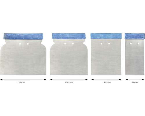 Quatre spatules de différentes tailles : 120 mm, 100 mm, 80 mm et 50 mm.