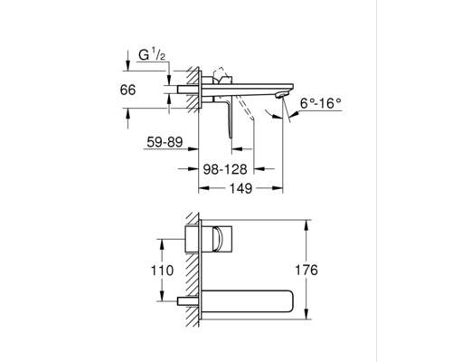 Schéma technique d''un robinet de lavabo mural avec indications de dimensions
