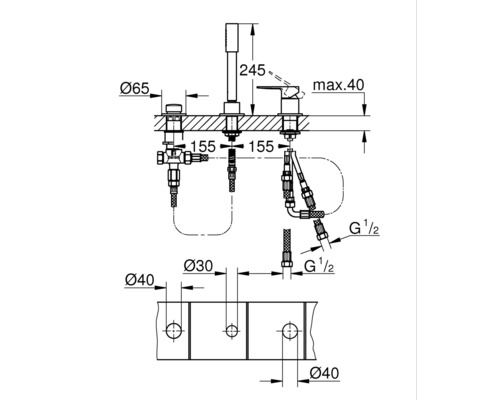Technische Zeichnung eines Wasserhahns mit Maßangaben