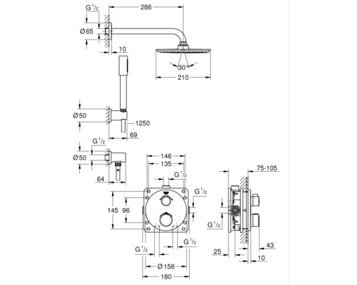 Schéma technique d''un système de douche avec douche de tête, douchette à main et thermostat, dimensions incluses.