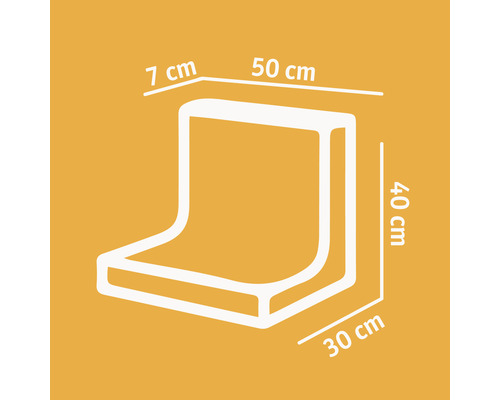 Illustration eines Eckpolsters mit den Maßen 50 x 30 x 40 cm und einer Stärke von 7 cm.