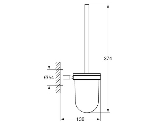 Schéma technique d''une brosse de toilette avec support mural et indications de dimensions.