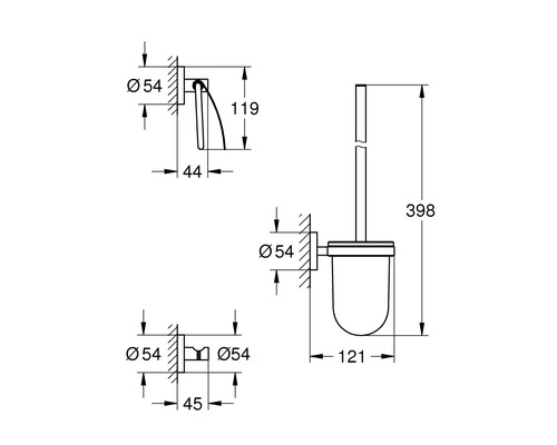 Schéma technique d''une brosse de toilette avec support et indications de dimensions