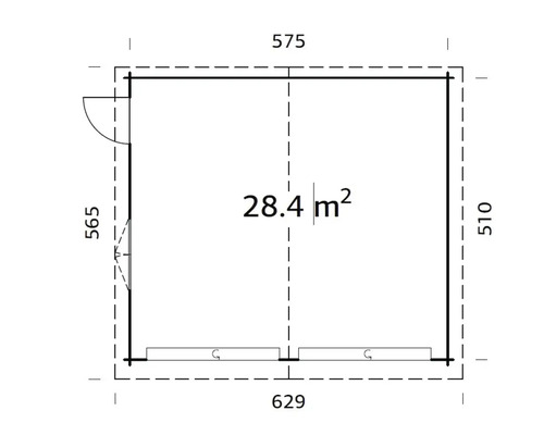 Grundriss eines Gartenhauses mit Tür, Fenster und einer Fläche von 28,4 Quadratmetern.