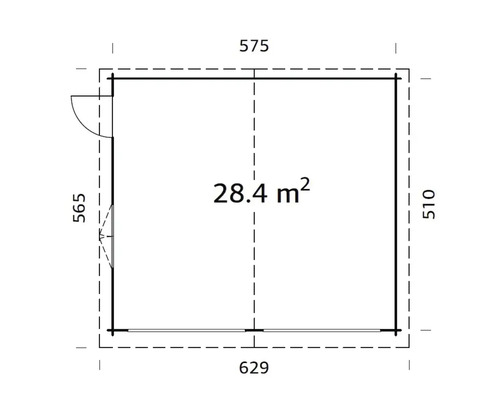 Plan d''un abri de jardin avec dimensions et une surface de 28,4 mètres carrés.
